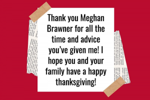 Thank you Meghan Brawner for all the time and advice you've given me! I hope you and your family have a happy Thanksgiving!