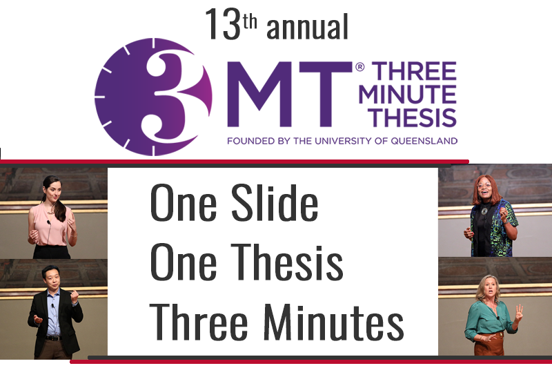 13th annual 3MT Three Minute Thesis. One Slide, One Thesis, Three Minutes.