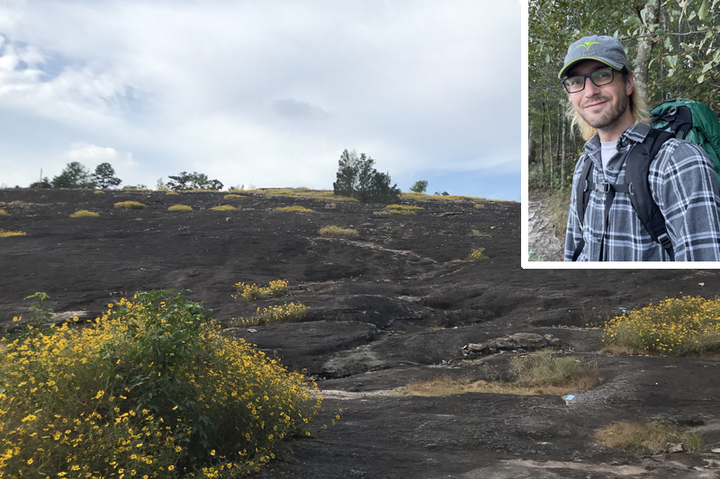 Riley Thoen, inset, with rock outcropping and Porter's sunflowers