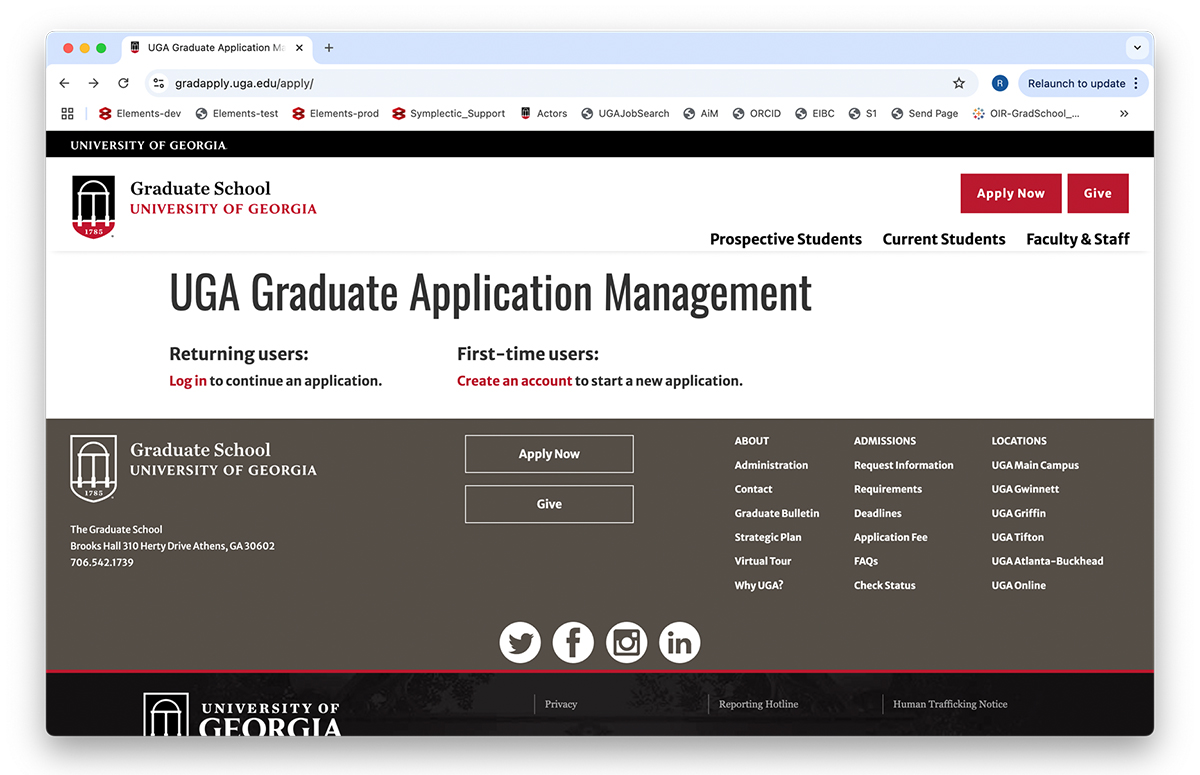 Screenshot of the UGA Graduate Application Management page where users can select Log In (if they are returning) or Create an account (if this is their first time)