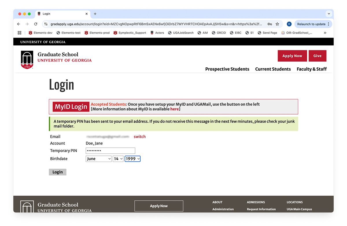 Screenshot of Login page on which a new user enters their temporary PIN (received by email) and re-enters their birthdate. This verifies their identity so that they can set a password.