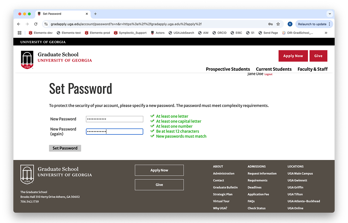 Screenshot of the Set Password page on which the new user creates a password for login access to their person record in GradSlate.