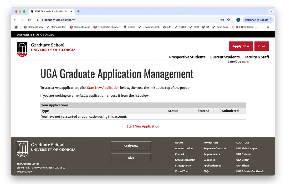 Screenshot of the UGA Graduate Application Management page after password setting, allowing the new user to create an application.