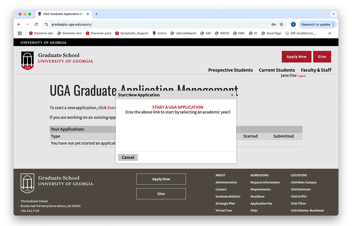 Screenshot of the popup window that appears when the new user selects Start an Application. They click START A UGA APPLICATION on this popup to create an application.