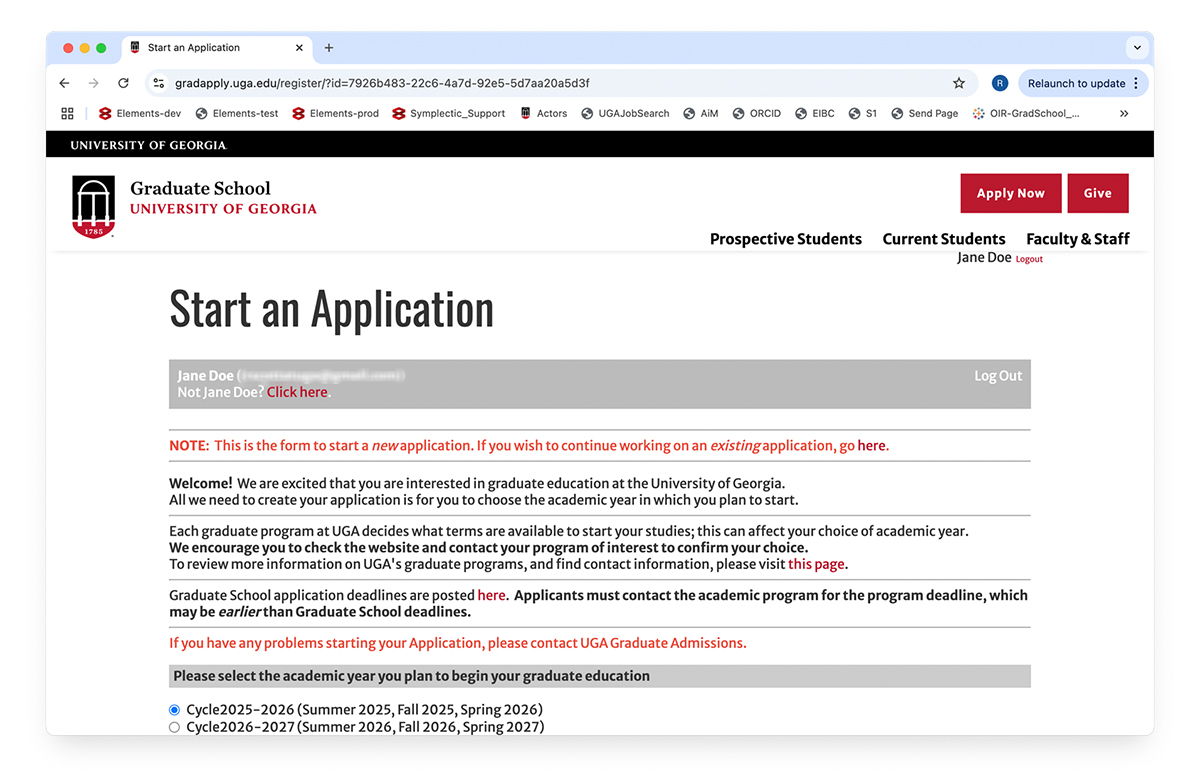 Screenshot of the Start an Application form on which a new applicant selects the application cycle for the intended start term for a new application.