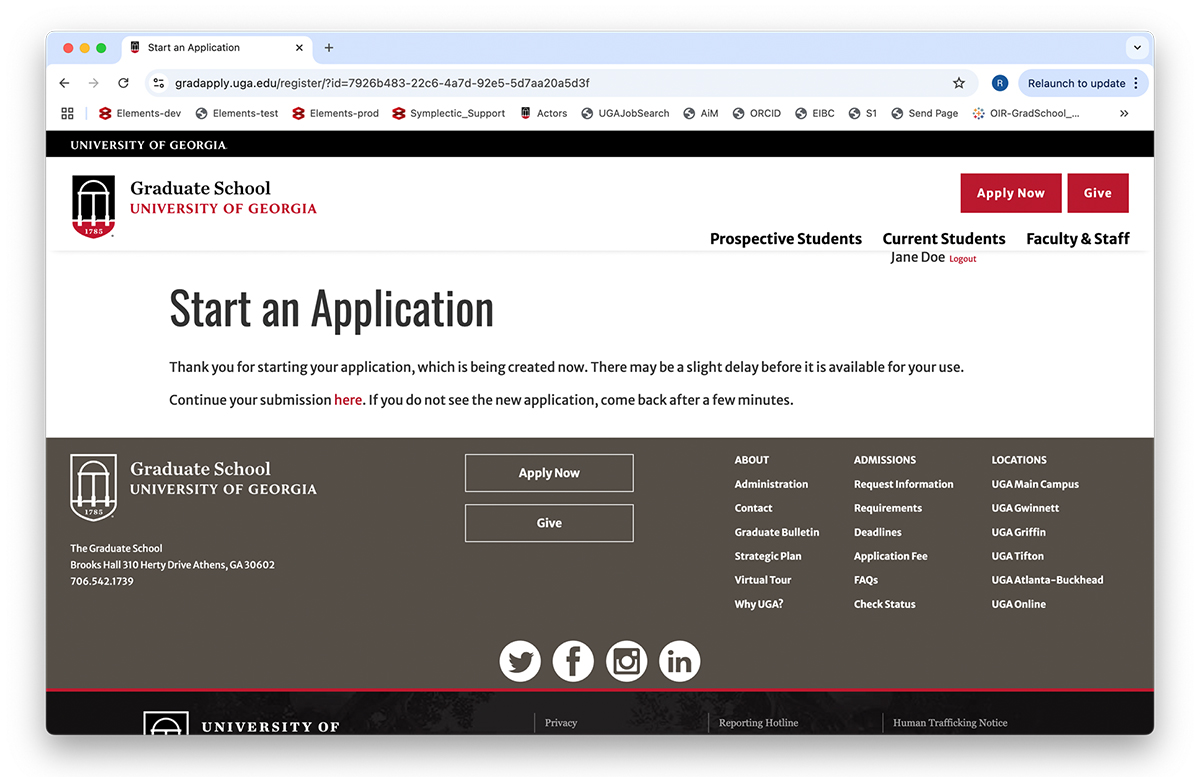 Screenshot of the confirmation message that a new application is being created and providing a link to that application to provide detailed data.